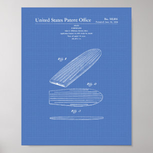 Surfboard 1958 Patent Art Blueprint Poster