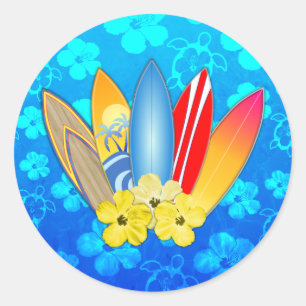 Surfboard en Hibiscus Flowers Ronde Sticker