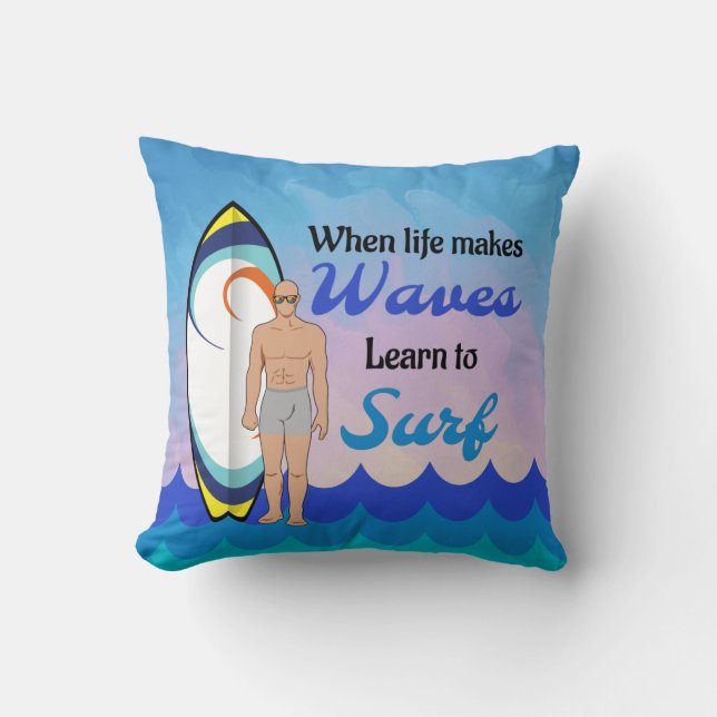 Surfboard Ocean Waves Blauw Motivatie Quote Kussen (Voorkant)