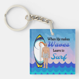 Surfboard Ocean Waves Blauw Motivatie Quote Sleutelhanger