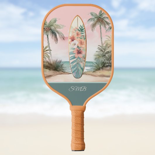 Surfboard Tropical Island Floral Teal Initials Pickleball Paddle