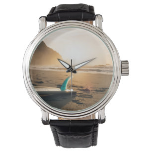 Surfboardhorloge. Zonsondergang, strand, zee Horloge