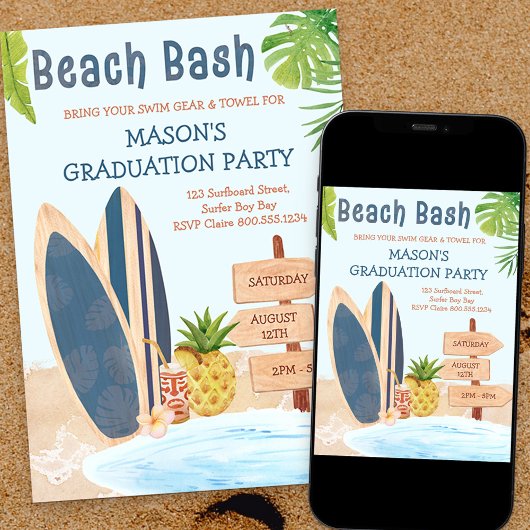 Surfbord voor Bash Graduh Party Kaart