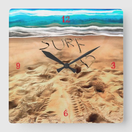 Surfduden, vierkante wandklok klok (Voorkant)
