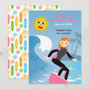 Surfen maar Meisjes Verjaardagsfeestje Bedankkaart