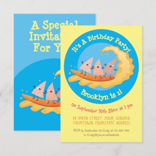Surfen op feestelijke uitnodiging voor nachos-maïs (Voorkant / Achterkant)