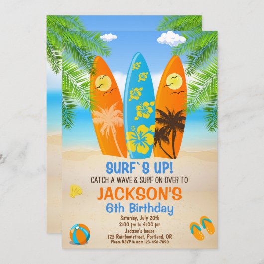 Surfen op verjaardagsuitnodiging Surfboard nodigt Kaart (Voorkant / Achterkant)