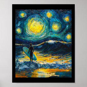 Surfen Surfer Surfplank - Van Gogh Stijl - Sterren Poster