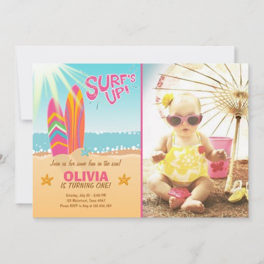 Surfen Verjaardagsuitnodiging Surf Up Beach Girl Kaart (Voorkant)