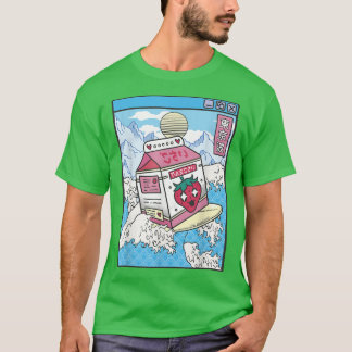 Surfende aardbeienmelkkarton Japan Wave Kawaii V T-shirt