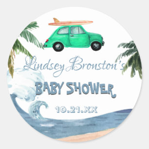 Surfende Baby shower van de Kokosnootboom Blauw st Ronde Sticker