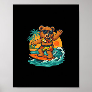 Surfende beer in het zomerseizoen voor surfplankli poster