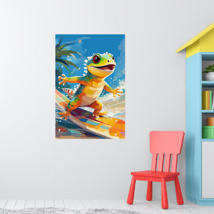 Surfende gekko die de golven berijdt poster