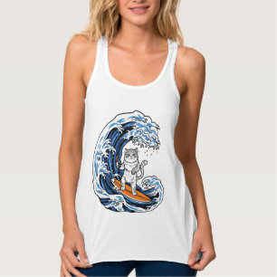 Surfende Kat op Epische Blauwe Golf – Cool Tekenfi Tanktop