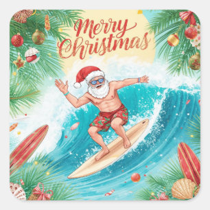 Surfende Kerstman Vrolijk Kerstfeest Kust Kerstmis Vierkante Sticker