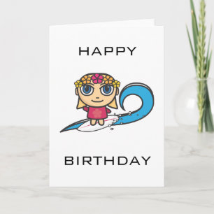 Surfer Girl Cartoon Character Happy Birthday Card Kaart