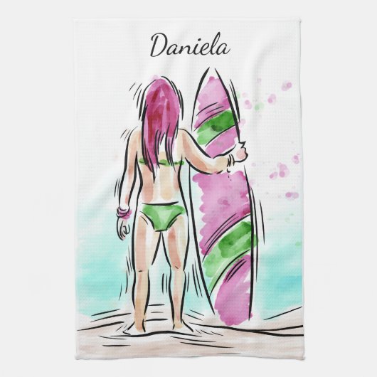 Surfer Girl nom personnalisé serviette à main (Vertical)
