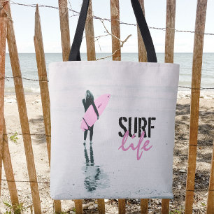 Surfer Girl Pink Surfboard Surf Art Draagtas