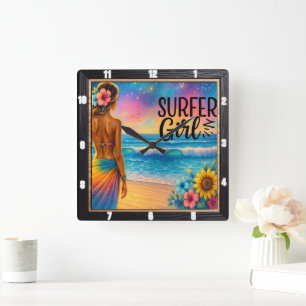Surfer Girl Strand Zonsondergang Vierkante Klok