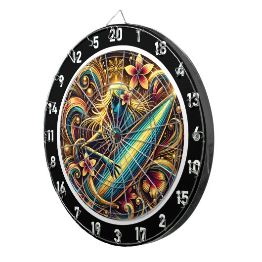 Surfer Glow met Tropical Sunset Art Dartbord (Voorkant Rechts)