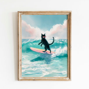 Surfer grillige zwarte kat Waterverf kunst Poster