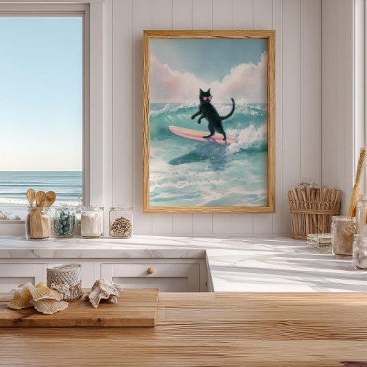 Surfer grillige zwarte kat Waterverf kunst Poster