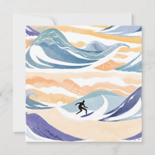 Surfer la Vague Carte Aquarelle Contemporaine