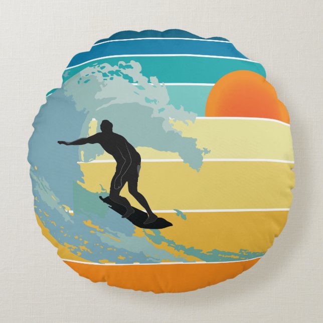 Surfer Man  Sunset Rond Kussen (Voorkant)