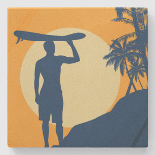 Surfer, palmboom, klif, zon, maan onderzetter
