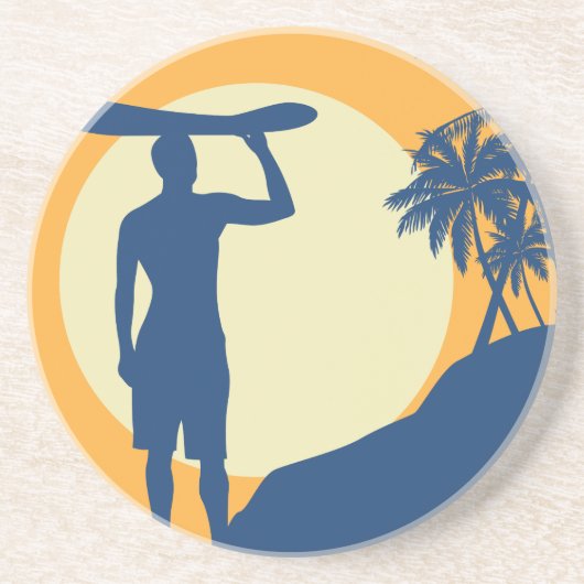 Surfer, palmboom, klif, zon, maan, zandsteen onderzetter (Voorkant)