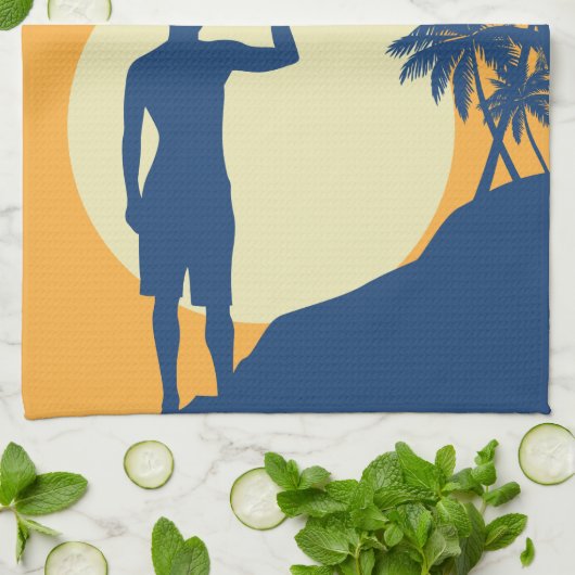 Surfer, palmboom, klif, zon, surfer, keuken theedoek (Gevouwen)