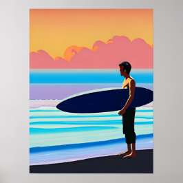 Surfer staande op een strand bij zonsondergang poster