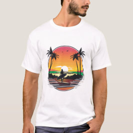 Surfer strand zonsondergang retro tropische illust t-shirt
