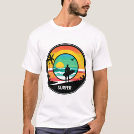 Surfer Sunset Beach Retro Cirkel Illustratie T-shirt
