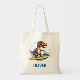 surfer trex dinosaurus tote bag