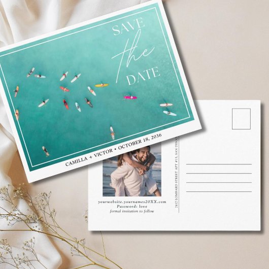 Surfer Wedding Blue Ocean Save the Date Briefkaart