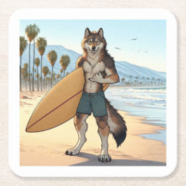 Surfer Wolf Vierkante Kartonnen Onderzetter