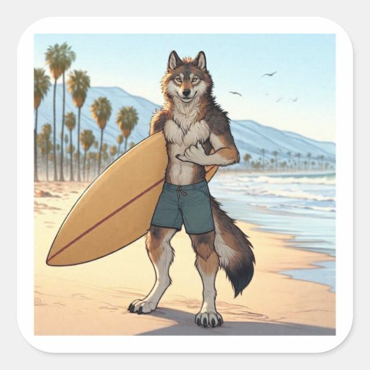 Surfer Wolf Vierkante Sticker (Voorkant)