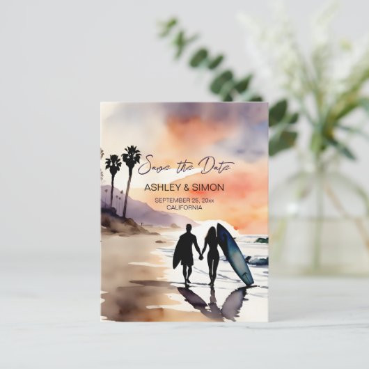 Surfers paar bij zonsondergang waterverf opslaan d briefkaart (Staand voorkant)