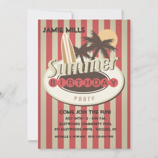 Surfer's verjaardagsuitnodiging kaart (Voorkant)