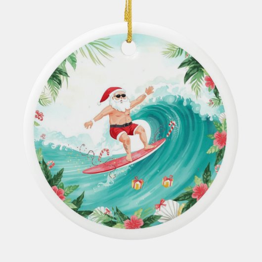 Surfing Christmas with Santa Claus surfer Keramisch Ornament (Achterkant)