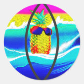 SURFING PINEAPPLE BEACH BALL RONDE STICKER (Voorkant)