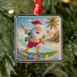 Surfing Santa Tropical Christmas Metalen Ornament