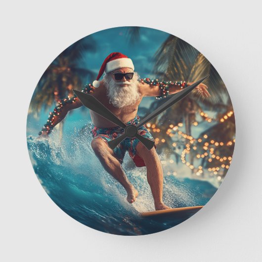 Surfing Santa Wall Clock - Fun Tropical Christmas  Ronde Klok (Voorkant)