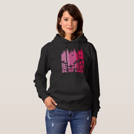 Surfing Surfer Retro Surf Life Summer Palm Tree Fa Hoodie (Voorkant volledig)