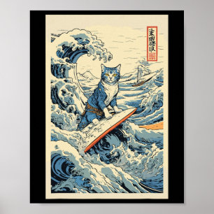Surfkat Hokusai Great Wave bij Kanagawa Japan Poster