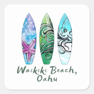 Surfplanken met Waikiki Beach Oahu Waterverf  Vierkante Sticker