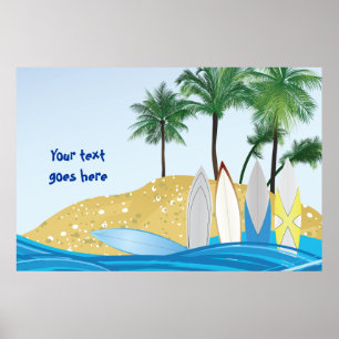 Surfplanken op een tropisch strand met palmbomen poster