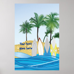 Surfplanken op een tropisch strand met palmbomen poster