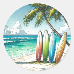 Surfplanken op het strand Waterverf en Ink Ronde Sticker